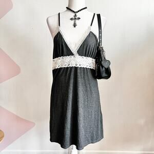 Gray Lace Trim Slip Mini‎ Dress, Coquette, Soft Girl, Vintage Inspired, Large